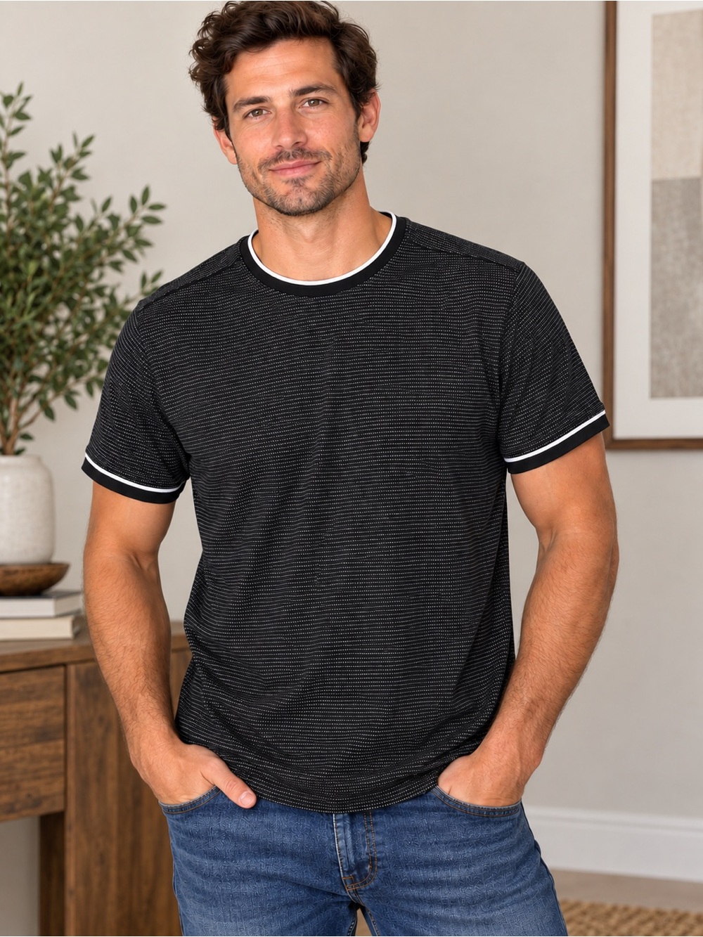 Black White Textured Ringer T-Shirt Denim & Flower Ricky Singh Men’s L